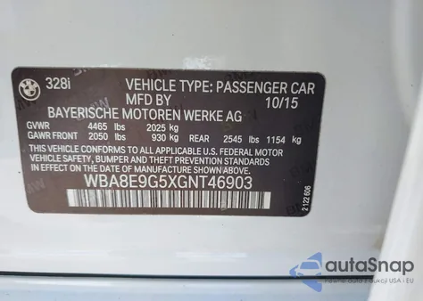 2016 BMW 328I from USA, damaged, VIN WBA8E9G5XGNT46903